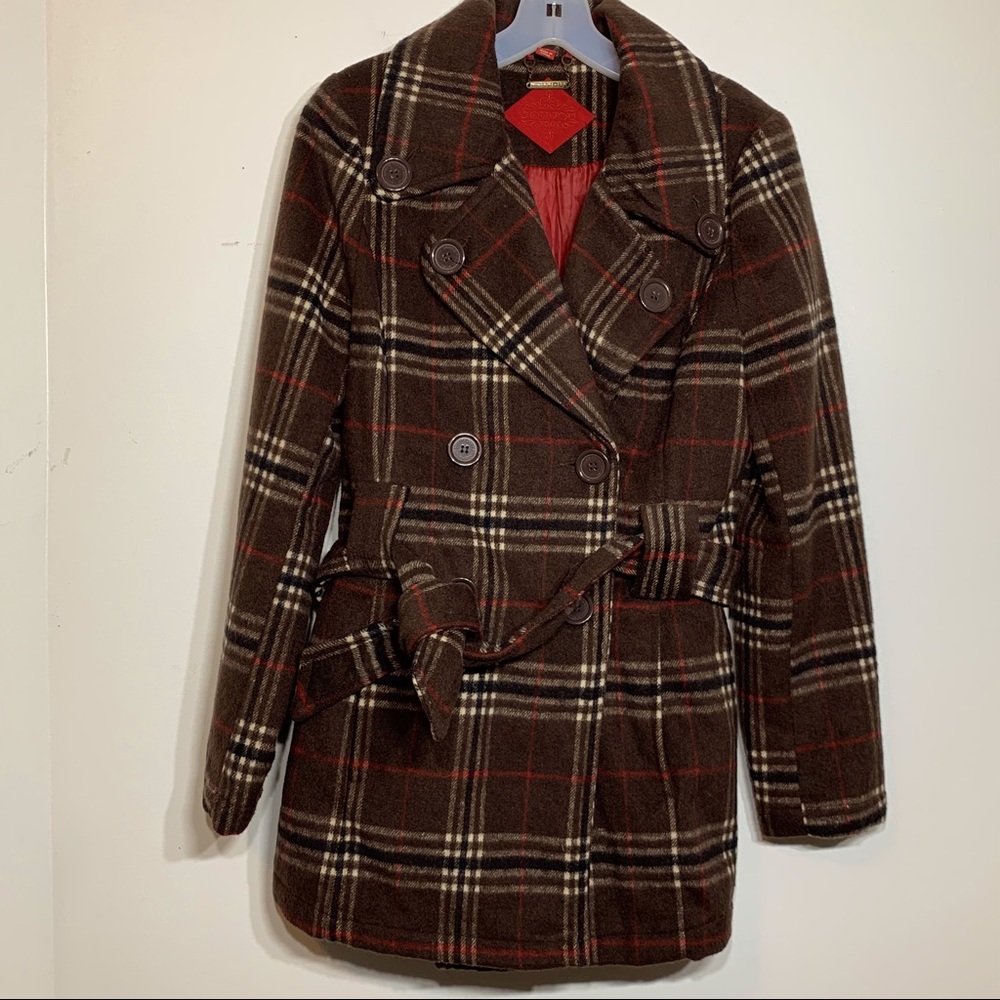 Brown Plaid Wool Blend Double Breasted Peacoat Winter Trench Coat Small
